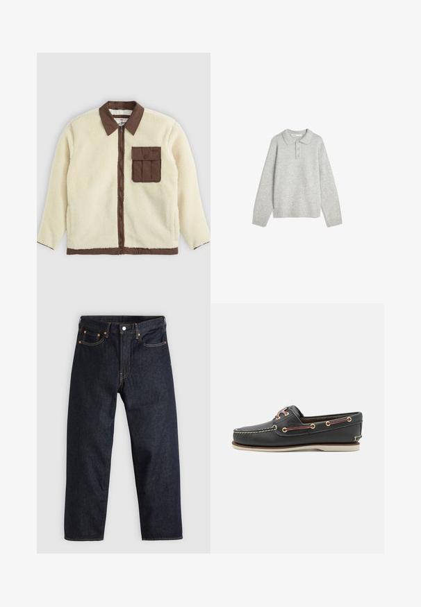 Valkoinen fleece-takki, jossa on ruskea kaulus, vetoketju edessä ja rintatasku läpällä. Tekstuuri on pehmeä ja karvainen.; Harmaa neulepullover, jossa on kauluspää, kolme etupainiketta ja ribbireunukset. Kangas vaikuttaa pehmeältä ja teksturoidulta, ja se on rento malli.; Tummansinisiä farkkuja, joissa on suora leikkaus, viisi taskua, kontrastiväriset oranssit tikkaukset ja napitus. Ei näkyviä kuvioita tai koristeita.; Musta nahkainen venepoppo, jossa on pyöristetty kärki, valkoinen kumipohja, kultaiset silmukat ja kontrastiväriset viininpunaiset nauhat. Sisältää ommeltuja yksityiskohtia.