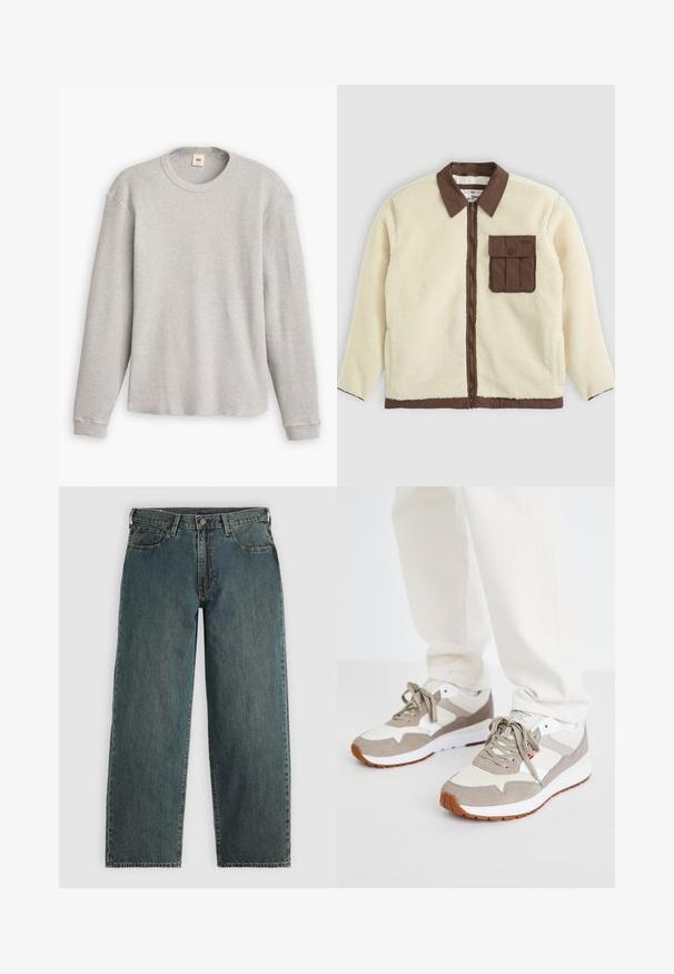 Hvit fleecejakke med brun krage, frontglidelås og en brystlomme med klaff. Teksturen er myk med en hårete utseende.; Grå langermet strikkegenser med ribbestruktur, rund hals og rett kant. Ermelinningene er tettsittende, laget av mykt stoff.; Mørkeblå rette denimjeans med knapp- og glidelåslukking, frontlommer og beltesløyfer på en lys grå bakgrunn.; Beige og grå sneakers laget av en blanding av semsket skinn og mesh-materialer. Har en hvit mellomsåle og en såle av gummi. Standard snøring.