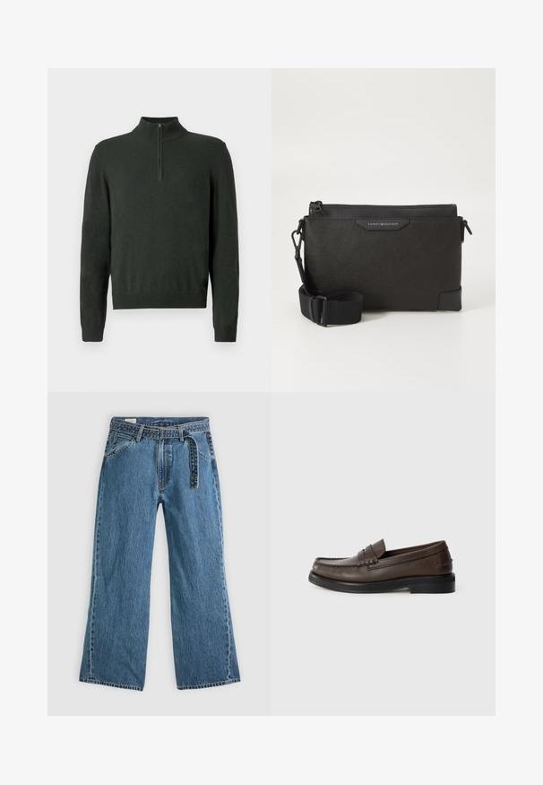 Chaqueta de forro polar blanca con un cuello marrón, cierre frontal y un bolsillo en el pecho con solapa. La textura es suave y de apariencia peluda.; Suéter de manga larga de color verde oscuro con cuello de media cremallera y puños y dobladillo acanalados sobre un fondo liso.; Pantalones vaqueros de mezclilla azul de pierna ancha con cinturón adjunto, bolsillos frontales y costuras visibles sobre un fondo claro y liso.; Mocasines de cuero marrón con punta redonda, costuras detalladas y suela plana negra. Presentan una pequeña correa decorativa a lo largo del empeine.; Bolso bandolera de piel negra con acabado texturizado, que cuenta con cierre de cremallera y correa ajustable. Parche con el logotipo en la parte delantera. Forma rectangular.
