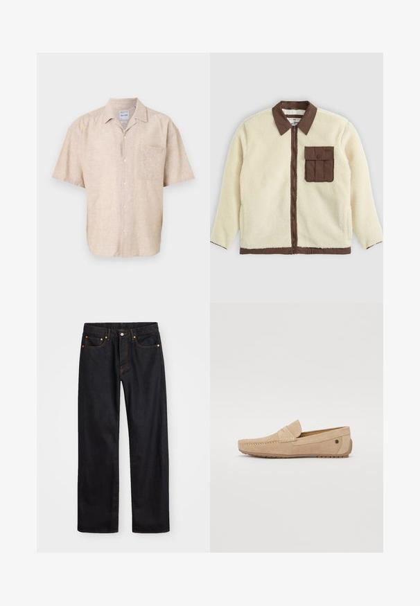 Hvit fleecejakke med brun krage, frontglidelås og en brystlomme med klaff. Teksturen er myk med en hårete utseende.; Korte ermers skjorte i beige linstoffblanding, med brystlomme, subtil tekstur og klassisk krage.; Men's straight-leg svarte denim jeans med fem lommer og oransje søm, knapp og glidelås lukking foran på midjen.; Jack & Jones JFWJENSEN - Mokkasiner - moonbeam