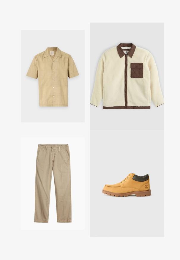 Fehér bolyhos dzseki barna gallérral, elülső cipzárral és egy fedeles mellzsebbel. A textúrája puha és borzas megjelenésű.; Rövidujjú, gombos ing világos bézs színben, finom rácsos mintával. Puha, texturált anyagból készült; klasszikus gallérral és öt gombbal rendelkezik.; Beige egyenes szárú chino nadrág övhurkokkal, elülső gombos és cipzáras záródással, valamint ferde elülső zsebekkel.; Sárga bőr cipő barna gumitalppal, kerek orral és zöld bőr bokadísszel. Arany fűzőlyukakkal és varrási díszítésekkel rendelkezik.