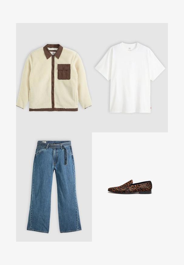 Bijela flis jakna s smešnim ovratnikom, prednjim zatvaračem i džepom na prsima s preklopom. Tekstura je mekana s izgleda krznenim.; Bijela kratka majica od pamuka s okruglim izrezom. Sadrži suptilni reljefni logo detalj sprijeda i crvenu oznaku na rubu.; Plave traperice širokog kroja s pričvršćenim remenom, prednjim džepovima i vidljivim šavovima na jednostavnoj svijetloj pozadini.; Loaferi s printom leopard, elegantnog oblika, izrađeni od teksturiranog materijala, s niskom petom i kontrastnim crnim akcentima.