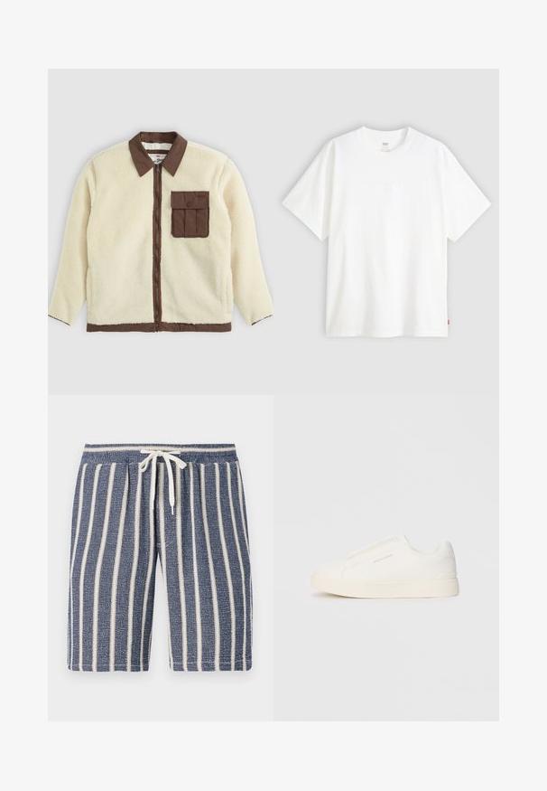 Weiße Fleecejacke mit einem braunen Kragen, Frontreißverschluss und einer Brusttasche mit Klappe. Die Textur ist weich und hat ein wuscheliges Aussehen.; Weißes T-Shirt mit kurzen Ärmeln aus Baumwolle und rundem Halsausschnitt. Besitzt ein dezentes, geprägtes Logo-Detail auf der Vorderseite und ein rotes Etikett am Saum.; Marineblaue, strukturierte Shorts mit weißen vertikalen Streifen, elastischem Bund und Kordelzug. Lässiges Design, geeignet für warmes Wetter.; Weiße Slip-On-Sneaker mit einer strukturierten Oberfläche, dicker Sohle und minimalistischem Design. Mit Logo der Marke an der Seite.