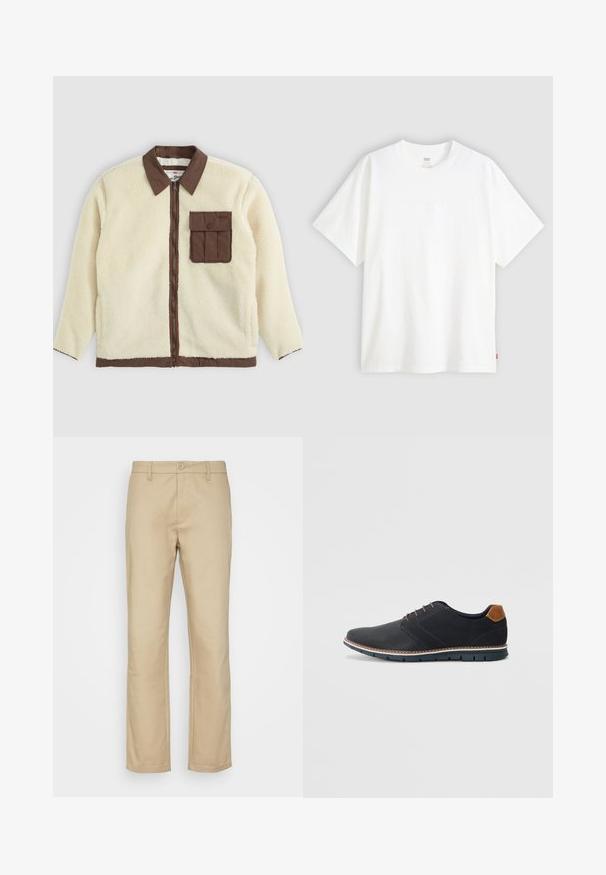 Biała polarowa kurtka z brązowym kołnierzem, zamek błyskawiczny z przodu i kieszenią na piersi z klapą. Tekstura jest miękka i ma wygląd sierści.; Biała koszulka z krótkim rękawem wykonana z bawełny, z okrągłym dekoltem. Posiada subtelny wytłoczony logo z przodu oraz czerwoną metkę na dolnym brzegu.; Beżowe chinosy, prosta nogawka, materiał mieszany bawełniany, zapięcie na guziki z przodu, szlufki na pasek oraz wykończone mankiety. Brak widocznych wzorów lub akcentów.; Czarne syntetyczne buty z fakturowaną cholewką, gładkimi akcentami, brązowym obcasem i kontrastującą podeszwą. Charakteryzują się minimalnym sznurowaniem i detalami w szwach.