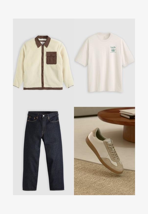 Fehér bolyhos dzseki barna gallérral, elülső cipzárral és egy fedeles mellzsebbel. A textúrája puha és borzas megjelenésű.; Fehér, rövid ujjú pamut póló, bal mellrészen zöld Lev's logóval és felirattal. Laza szabás, sima tapintású anyag.; Sötétkék farmernadrág egyenes szabással, öt zsebbel, kontrasztos narancssárga varrással és gombos záródással. Nem látható rajta mintázat vagy díszítés.; Könnyű sneaker, fehér bőr felsőrésszel, bézs velúr díszítéssel, kerek orral és texturált barna gumitalppal.