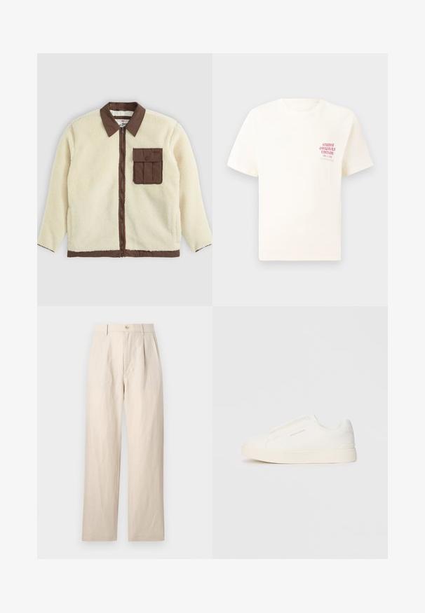 Biely flísový kabát s hnedým golierom, predným zipsom a vreckom na hrudi s chlopňou. Textúra je mäkká s huňatým vzhľadom.; Biele tričko s krátkym rukávom s červeným textom "Studio Originals Edition" na ľavej hrudi, zobrazené na neutrálnom šedom pozadí.; Bežové ľanové nohavice so voľným strihom, s plochým predným dielom, jediným gombíkovým zapínaním a dvoma vreckami. Zvrásnená textúra dodáva detail.; Biele slip-on tenisky s textúrovaným povrchom, hrubou podrážkou a minimalistickým dizajnom. Obsahuje logo značky na boku.