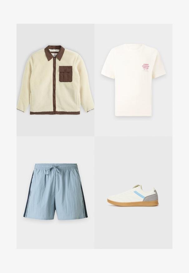 White fleece jacket with a brown collar, front zipper, and a chest pocket featuring a flap. The texture is soft with a shaggy appearance.; White short-sleeve T-shirt with red text "Studio Originals Edition" on left chest, displayed on a neutral gray background.; Light blue swim shorts with an elastic waist and drawstring. Features navy side panels and white trim along the sides. Lightweight fabric.; Sneakers with a cream upper, blue side stripe, and gray heel accent. Features a textured design and gum rubber sole.