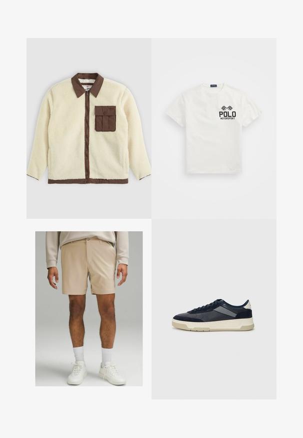 Biała polarowa kurtka z brązowym kołnierzem, zamek błyskawiczny z przodu i kieszenią na piersi z klapą. Tekstura jest miękka i ma wygląd sierści.; Biała bawełniana koszulka z okrągłym dekoltem, z czarnym logo "Polo Motorsport" i skrzyżowanymi flagami szachownicy na lewej piersi.; Beżowe szorty wykonane z lekkiego materiału, z płaskim przodem, bocznymi kieszeniami i zapięciem na guziki. Noszone z białymi trampkami i skarpetkami.; BOSS BALTIMORE niebieski