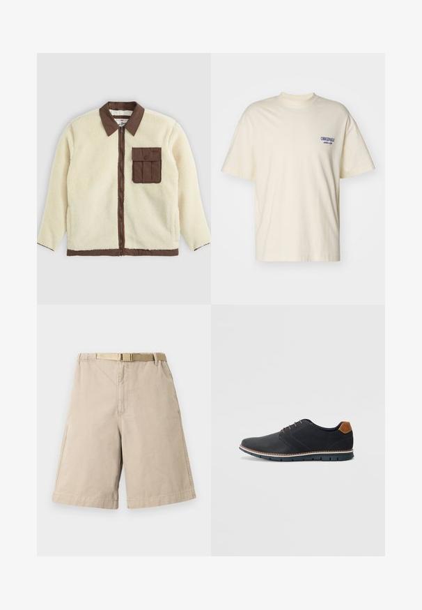 Casaco de lã branca com colarinho castanho, fecho frontal e um bolso no peito com aba. A textura é macia e com uma aparência peluda.; T-shirt de manga curta, de cor creme, feito de algodão. Apresenta um pequeno logótipo azul "ORIGINALS" no peito esquerdo. Corte clássico e design de gola redonda.; Shorts de algodão bege com um cinto, apresentando um corte reto, bolsos laterais e costura reforçada nas costuras. Textura suave em todo o tecido.; Sapatos sintéticos pretos com um upper texturizado, pormenores lisos, salto castanho e uma sola contrastante. Apresentam um sistema de atacadores mínimo e detalhes de costura.