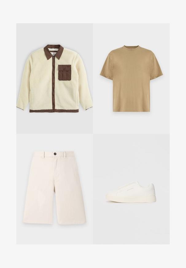 Bílá fleecová bunda s hnědým límcem, předním zipem a náprsní kapsou se klopou. Její textura je měkká s chlupatým vzhledem.; Khaki tričko s krátkým rukávem vyrobené z měkké tkaniny, s kulatým výstřihem a volným střihem. Nejsou na něm viditelné žádné vzory ani grafika.; Béžové bavlněné kraťasy s rovnými nohavicemi, které mají zapínání na knoflík a poutka na opasek. Hladká textura bez vzorů nebo akcentů.; Bílé slip-on tenisky s texturovaným povrchem, silnou podešví a minimalistickým designem. Na boku je umístěno logo značky.