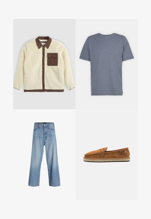 Veste en polaire blanche avec un col marron, fermeture éclair à l'avant et une poche poitrine avec un rabat. La texture est douce avec une apparence ébouriffée.; T-shirt gris à manches courtes avec un col rond, fabriqué en un doux tissu en mélange de coton. Design simple, sans motifs ni accents.; Jean large bleu clair en denim, avec une taille haute, un design classique à cinq poches, et une fermeture à bouton avec zip.; Chaussure slip-on en suede marron avec un bout arrondi, présentant une semelle en jute tissée et une petite sangle d'accent à l'avant.