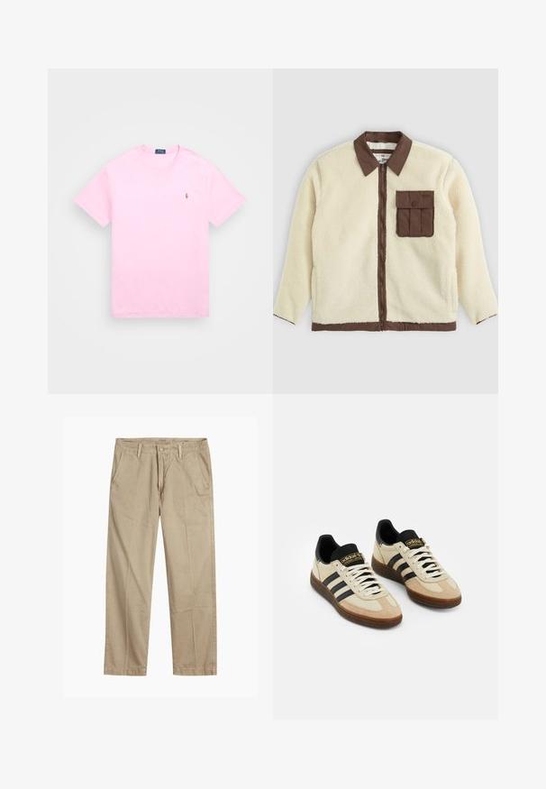 Biała polarowa kurtka z brązowym kołnierzem, zamek błyskawiczny z przodu i kieszenią na piersi z klapą. Tekstura jest miękka i ma wygląd sierści.; Różowa bawełniana koszulka z okrągłym dekoltem, z krótkim rękawem i małym haftowanym logo na lewej piersi. Gładka tekstura, standardowy krój.; Beżowe chinosy o prostym kroju z pętlami na pasek, przednim zapięciem na guzik i zamek błyskawiczny oraz skośnymi kieszeniami z przodu.; Beżowe zamszowe buty sportowe z czarnymi skórzanymi akcentami, białymi sznurowadłami i brązową gumową podeszwą. Trzy czarne pasy po każdej stronie.