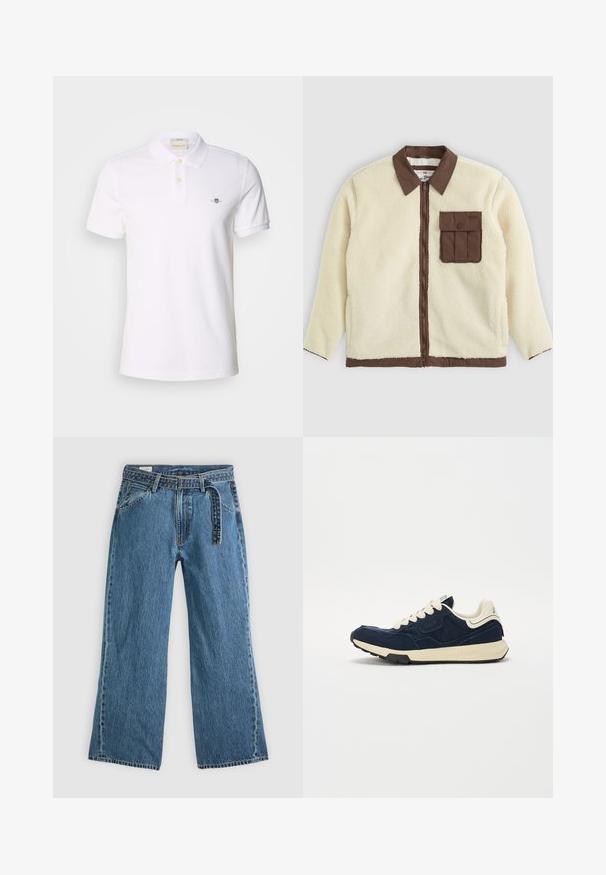 Chaqueta de forro polar blanca con un cuello marrón, cierre frontal y un bolsillo en el pecho con solapa. La textura es suave y de apariencia peluda.; Camiseta polo blanca de tela de algodón, con un cierre de dos botones, mangas cortas con puños enrollados y un pequeño logotipo bordado en el pecho.; Pantalones vaqueros de mezclilla azul de pierna ancha con cinturón adjunto, bolsillos frontales y costuras visibles sobre un fondo claro y liso.; Zapatilla de color azul marino con parte superior de ante texturizado, cordones color crema y una suela intermedia color beige. Presenta un diseño atlético clásico y suela de goma.