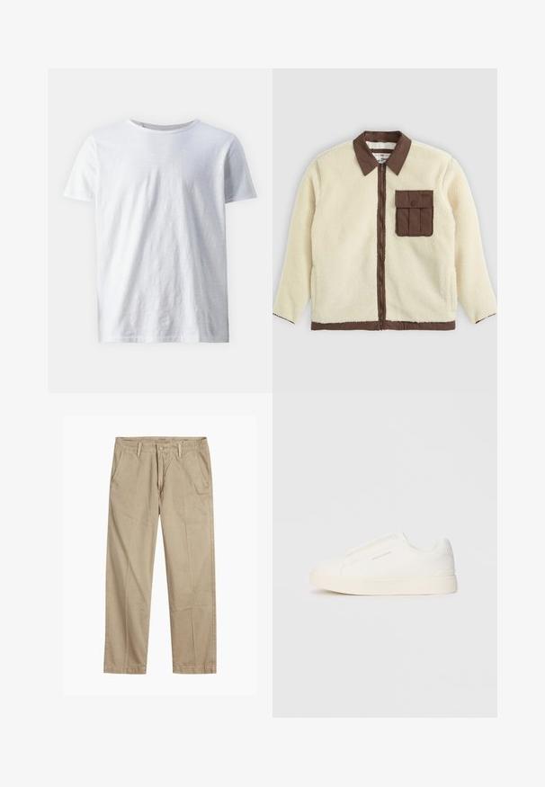 Hvit fleecejakke med brun krage, frontglidelås og en brystlomme med klaff. Teksturen er myk med en hårete utseende.; Hvit kortermet t-skjorte laget av lett materiale. Rund hals med jevn tekstur og ingen synlige mønstre eller detaljer.; Beige straight-leg chinos med beltehemper, frontlukking med knapp og glidelås, og skrå frontlommer.; Hvite slip-on joggesko med teksturert overflate, tykk såle og minimalistisk design. Har merkevarelogo på siden.