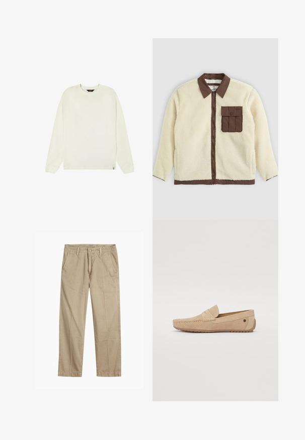 Giacca in pile bianca con colletto marrone, zip frontale e tasca sul petto con pattina. La texture è morbida con un aspetto shaggy.; Lee WAFFLE TEE - REGULAR FIT - Maglietta a manica lunga - ecru; Chinos beige a gamba dritta con passanti per cintura, chiusura frontale a bottone e zip, e tasche laterali inclinati.; Jack & Jones JFWJENSEN - Mocassini - moonbeam