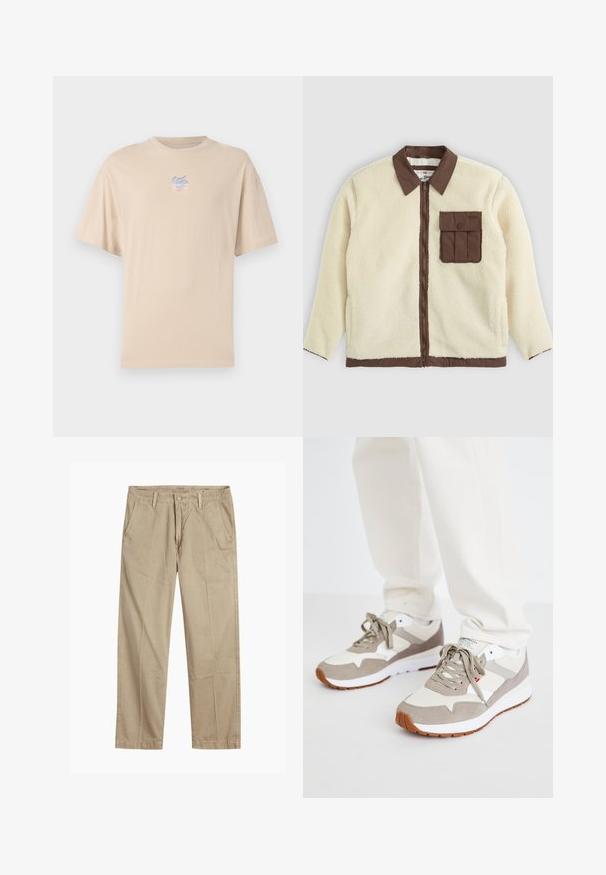 Hvit fleecejakke med brun krage, frontglidelås og en brystlomme med klaff. Teksturen er myk med en hårete utseende.; Beige bomull t-skjorte med korte ermer, rund hals og et lite flerfarget logo på brystet. Glatt tekstur og avslappet passform.; Beige straight-leg chinos med beltehemper, frontlukking med knapp og glidelås, og skrå frontlommer.; Beige og grå sneakers laget av en blanding av semsket skinn og mesh-materialer. Har en hvit mellomsåle og en såle av gummi. Standard snøring.