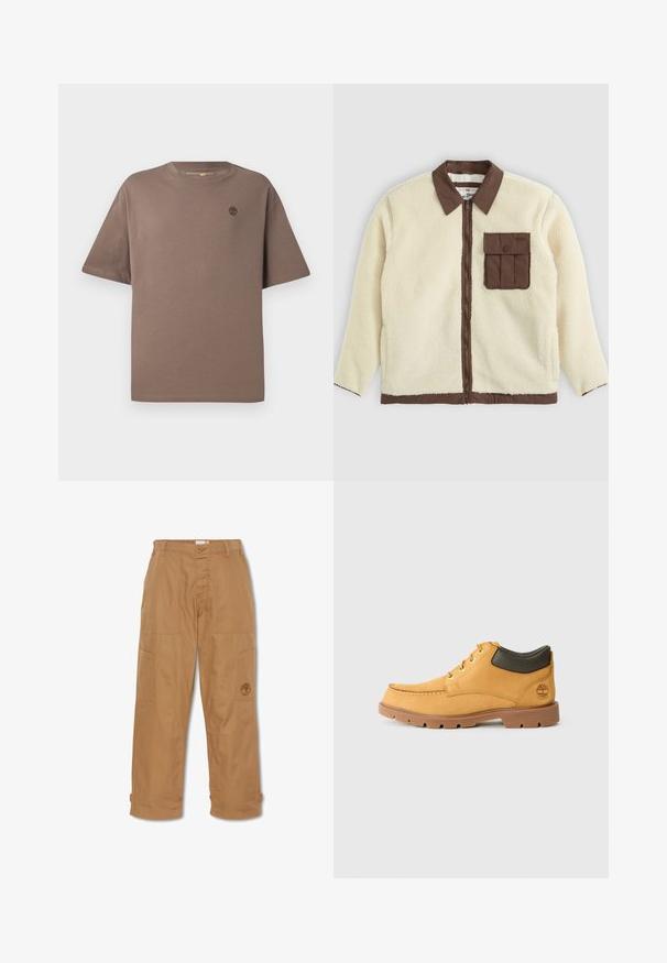 Bílá fleecová bunda s hnědým límcem, předním zipem a náprsní kapsou se klopou. Její textura je měkká s chlupatým vzhledem.; Hnědý bavlněný tričko s kulatým výstřihem a krátkými rukávy, s malým logem na hrudi, hladkou texturou a volným střih.; Khaki pracovní kalhoty vyrobené z odolné látky mají několik kapes, zapínání na knoflík a vyšívané logo na stehně.; Žlutá kožená bota s hnědou gumovou podrážkou, kulatou špičkou a zeleným koženým detailem kolem kotníku. Obsahuje zlaté očky a akcenty v šití.