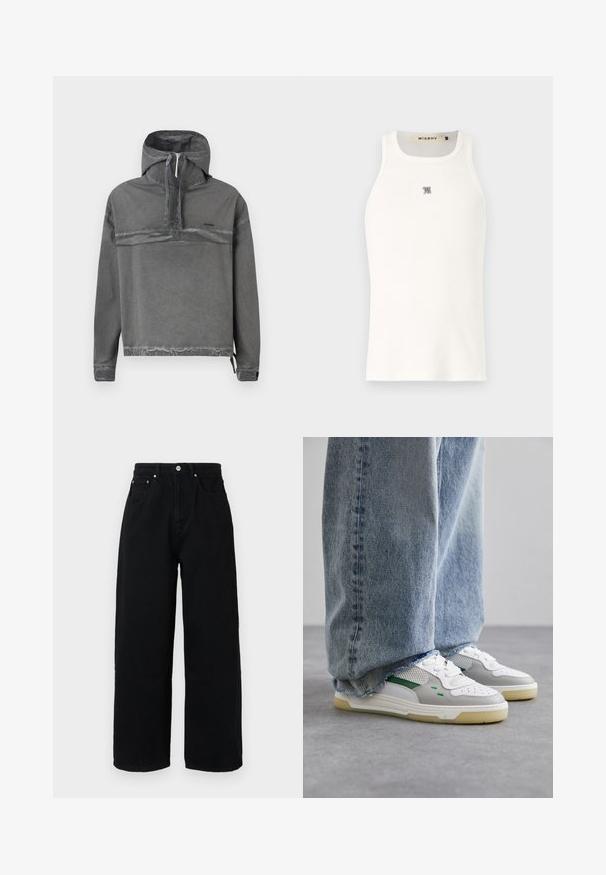 Veste pull gris avec un zip demi-long, capuche avec cordon de serrage et poignets élastiques. Présente une finition texturée et un petit logo sur la poitrine.; Débardeur blanc sans manches en tissu côtelé, avec un petit logo gris sur la poitrine. Design simple avec un col rond.; Pantalons larges noirs en coton, avec une taille haute, des poches avant, un bouton argenté et un ourlet net.; Baskets blanches et grises avec des accents verts, dotées d'une tige en mesh et d'une semelle en caoutchouc, associées à un jean en denim bleu avec des ourlets effilochés.
