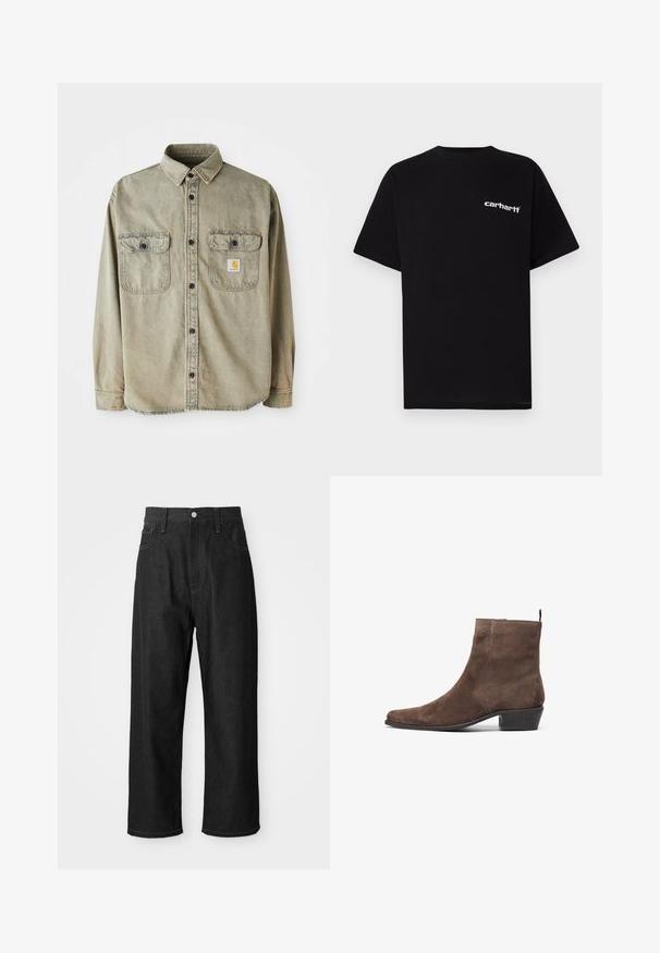 Camisa de manga longa em algodão verde oliva desbotado. Possui dois bolsos no peito, botões pretos e um rótulo estampado no bolso esquerdo.; T-shirt preta de algodão com mangas curtas, decote redondo e logótipo branco "Carhartt" no peito esquerdo. Textura suave, design minimalista.; Calças de ganga pretas com um corte relaxado, cintura alta, fecho com zipper e design de cinco bolsos. Costura visível em todo o tecido.; Botim de tornozelo em camurça castanha com bico pontiagudo, salto baixo em bloco e uma alça na parte de trás para facilitar o calçar. Textura suave e design simples.