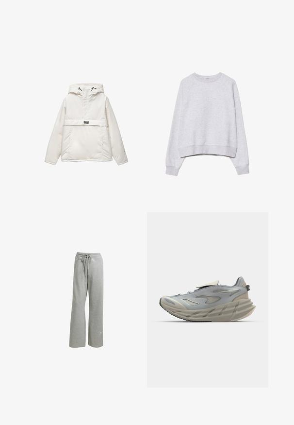 Weißer Pullover-Jacke mit Kapuze, ausgestattet mit einer Fronttasche, verstellbaren Kordelzügen und einem Logopatch auf der Brust. Glatte Stoffstruktur.; Grauer, kurzer Sweatshirt aus weichem, strukturiertem Stoff. Mit langen Raglanärmeln sowie gerippten Bündchen und Saum. Schlichtes, neutrales Design.; Helle graue Sweatpants aus weichem Material, mit einem Kordelzugbund, weit geschnittenem Bein und einem kleinen Logo am linken Unterschenkel.; Grauer Sportschuh mit einem schlanken Design, ausgestattet mit einem strukturierten Obermaterial, sichtbaren Schnürsenkeln, einer dämpfenden Zwischensohle und einer konturierten Außensohle.