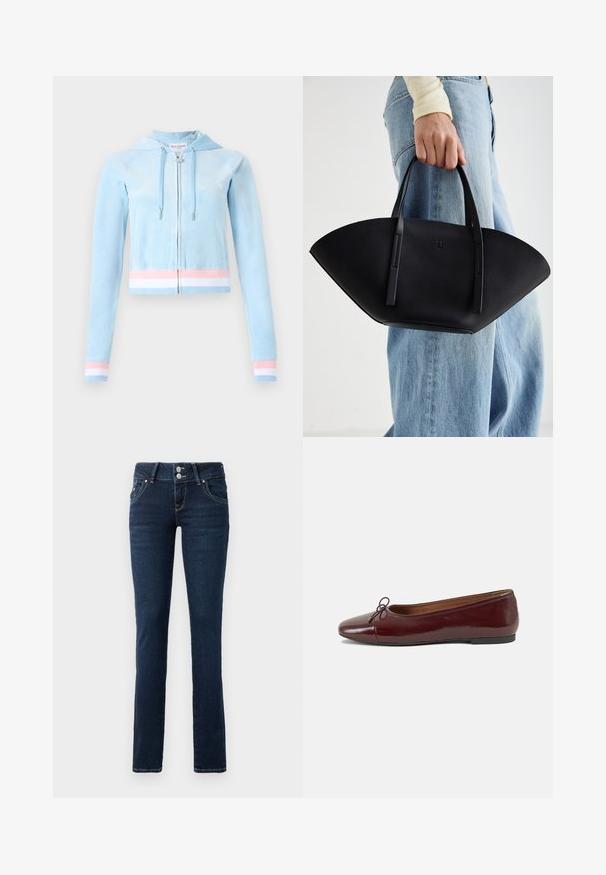 Fényes sötétvörös pufi dzseki magas gallérral, elülső zsebekkel, hosszú ujjakkal és enyhén túlméretezett, steppelt kialakítással.; Világoskék velúr anyagú, cropped zip-up kapucnis pulóver, pasztell rózsaszín és fehér csíkozással a mandzsettákon és az alsó szegélyen, húzózsinórral ellátott kapucnival.; Fekete, rövid ujjú, cropped póló, amelyen vörös, csepegő betűkkel szerepel a "SPOOKY GIRL" felirat a mellkason.; Sötétkék skinny farmernadrág dupla gombos zárással, elülső zsebekkel és sárga varrással fehér háttér előtt.; Burgundi lakkbőr balettcipő kerek orral, elöl kis masni díszítéssel és alacsony, fekete gumi talppal. Simára csiszolt felület.; Fekete bőr kézitáska egyedi legyezőformával, lapos füllel. A felülete kőriszerű textúrájú és minimalista dizájnnal rendelkezik.