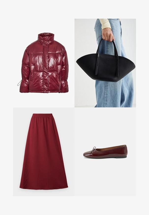 Lesklá tmavočervená páperová bunda s vysokým golierom, prednými vreckami, dlhými rukávmi a mierne nadmerným prešívaným dizajnom.; Čierne tričko s krátkym rukávom a skráteným strihom, na ktorom sú červené, stekajúce písmená s nápisom "SPOOKY GIRL" na hrudi.; Bordová maxi sukňa s elastickým pásom, vyrobená z hladkej, prúdiacej látky a s jednoduchým, nezdobeným dizajnom.; Burgundské lakované balerínky s okrúhlou špičkou, malou mašľou na prednej strane a nízkou čiernou gumovou podrážkou. Hladký povrch.; Čierna kožená kabelka s jedinečným tvarom ventilátora, so plochými držadlami. Povrch má štruktúru s brúseným efektom a minimalistic design.