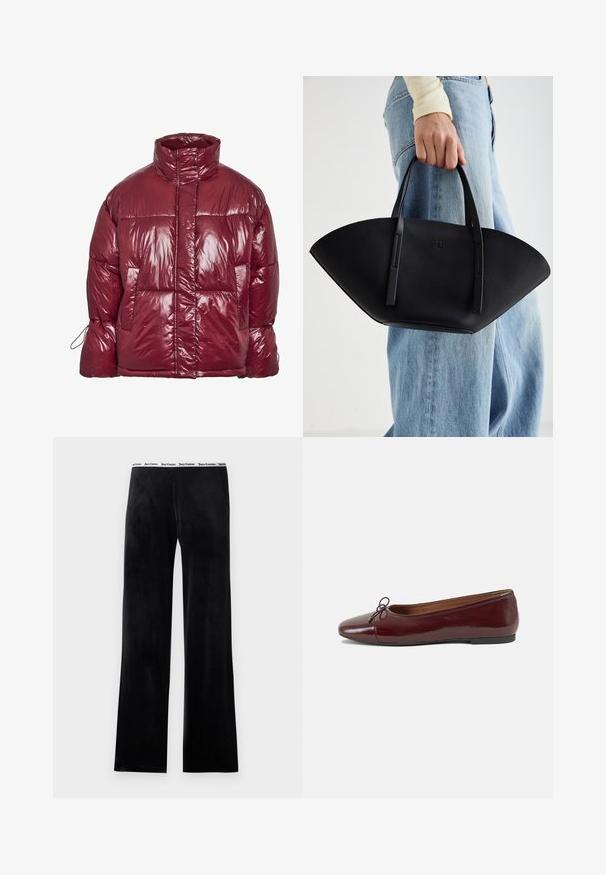 Lesklá tmavě červená péřová bunda s vysokým límcem, předními kapsami, dlouhými rukávy a mírně nadměrným prošívaným designem.; Černé krátké tričko s krátkým rukávem a cropped střihem, na kterém je červený dripping text "SPOOKY GIRL" napříč hrudníkem.; Černé fleecové kalhoty s rovnými nohavicemi, v bílé elastické manžetě se značkovým textem. Měkounká textura, žádné další vzory.; Burgundské lakové baleríny s kulatou špičkou, malou mašlí vpředu a nízkou černou gumovou podrážkou. Hladký povrch.; Černá kožená kabelka s jedinečným tvarováním ve tvaru vějíře, vybavená plochými uchy. Povrch má jemně zrnitou texturu a minimalistický design.