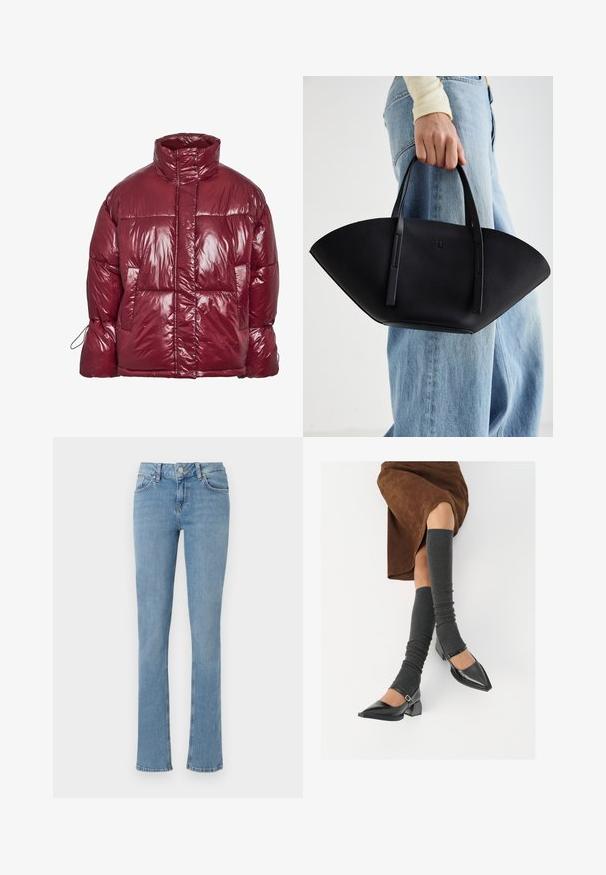 Läikiv tume punane sulejope kõrge kraega, esitaskute, pikkade varrukate ja veidi oversized, ruudulise mustriga disainiga.; Must be a spooky girl! Must be a spooky girl! Must be a spooky girl! Must be a spooky girl!; Heledad sinine teksapüksid, millel on laienev sääreosa, viis taskut, nööbikinnitus ja silmapaistvad õmblused.; Mustad patsaline odav värviga kingad, millel on kreen ja pahkluuring, on paaritatud hallide ribakudumitega sääremiidega ja pruunist nahast seelikuga.; Must mustra kott, millel on unikaalne fännikujuline disain, millel on lapikud käepidemed. Pinna tekstuur on kivikujuline ja disain on minimalistlik.