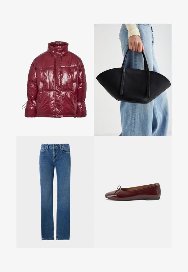 Sijajna temnordeča puhovka z visokim ovratnikom, sprednjimi žepi, dolgimi rokavi in rahlo prevelikim, prešitim dizajnom.; Črna kratkosrčena oprijeta majica s kratkimi rokavi z rdečim, kapljajočim napisom "SPOOKY GIRL" čez prsi.; Modre kavbojke s naravnim krojem. Značilnosti vključujejo gumbasto zapiranje, zanke za pas in sprednje žepe. Svetlo zbledela v predelu stegen.; Burgundska patenti usnjeni baletni čevlji z zaobljenim prstom, majhnim lokom na sprednji strani in nizkim črnim gumijastim podplatom. Gladka tekstura.; Črna usnjena torbica z edinstveno obliko ventilatorja, z ravnimi ročaji. Površina ima teksturo z drobnimi kamni in minimalističen dizajn.