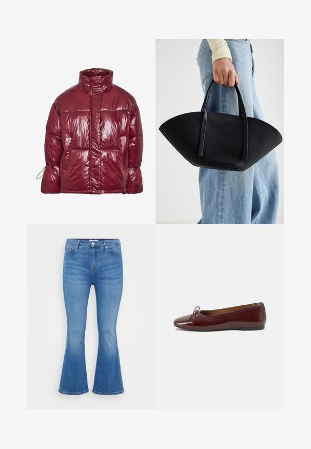 Glänzende dunkelrote Steppjacke mit hohem Kragen, Fronttaschen, langen Ärmeln und einem leicht übergroßen, gesteppter Design.; Schwarzes, kurzärmeliges, kurzes T-Shirt mit rotem, tropfendem Text "SPOOKY GIRL" über der Brust.; Helles blaues Denim-Jeans in ausgestelltem Schnitt, mit hoher Taille, fünf Taschen und klassischem Knopfverschluss. Glatte Textur mit subtiler Ausbleichung.; Burgunderfarbenes, lackiertes Ballettschuh mit abgerundetem Zehenbereich, kleiner Schleifenakzent vorne und einer niedrigen, schwarzen Gummisohle. Glatte Textur.; Schwarze Lederhandtasche mit einzigartiger Fächerform, ausgestattet mit flachen Griffen. Die Oberfläche hat eine genoppte Textur und ein minimalistisches Design.