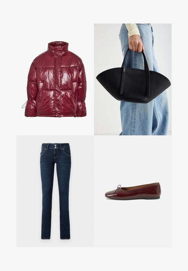 Lesklá tmavě červená péřová bunda s vysokým límcem, předními kapsami, dlouhými rukávy a mírně nadměrným prošívaným designem.; Černé krátké tričko s krátkým rukávem a cropped střihem, na kterém je červený dripping text "SPOOKY GIRL" napříč hrudníkem.; Tmavě modré skinny džíny s dvojitým knoflíkovým zapínáním, předními kapsami a žlutým prošíváním na bílém pozadí.; Burgundské lakové baleríny s kulatou špičkou, malou mašlí vpředu a nízkou černou gumovou podrážkou. Hladký povrch.; Černá kožená kabelka s jedinečným tvarováním ve tvaru vějíře, vybavená plochými uchy. Povrch má jemně zrnitou texturu a minimalistický design.
