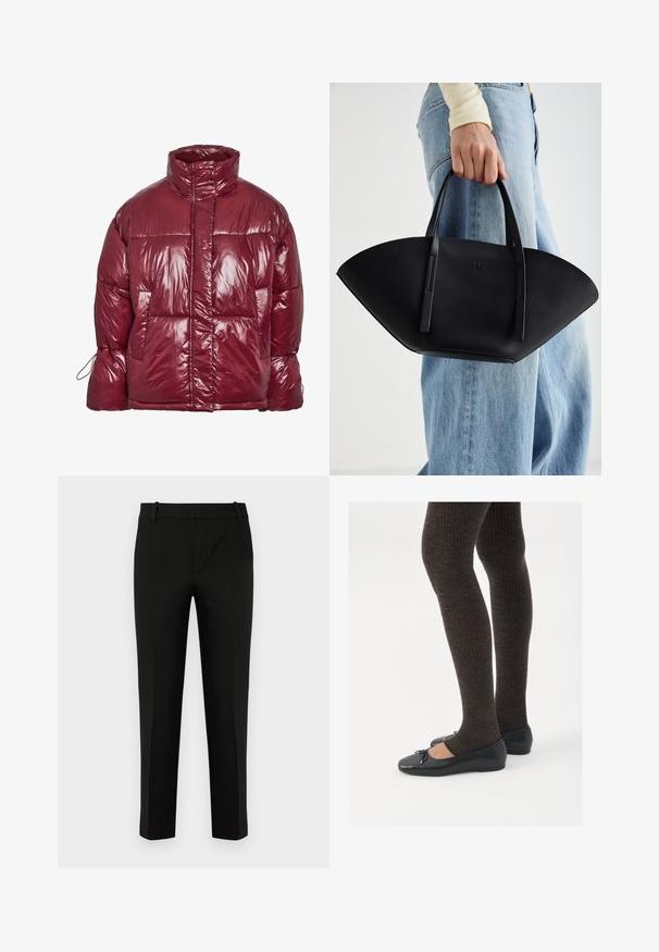 Sijajna tamnocrvena puhasta jakna s visokim ovratnikom, prednjim džepovima, dugim rukavima i blago prevelikim, prošivenim dizajnom.; Crna kratka majica s kratkim rukavima sa crvenim, kapljicama natpisom "SPOOKY GIRL" na prsima.; Crne hlače slim kroja s ravnim prednjim dijelom, bočnim džepovima i glatkom teksturom. Dizajnirane su s umjerenim porastom struka i suženim nogavicama.; Crne ravne cipele s malim mašnom na vrhu prstiju, uparene s tamnosmešnim rebrovanim čarapama. Cipele imaju glatku teksturu i nizak profil.; Crna kožna torba jedinstvenog oblika ventilatora, s ravnim ručkama. Površina ima teksturu sličnu šljunku i minimalistički dizajn.