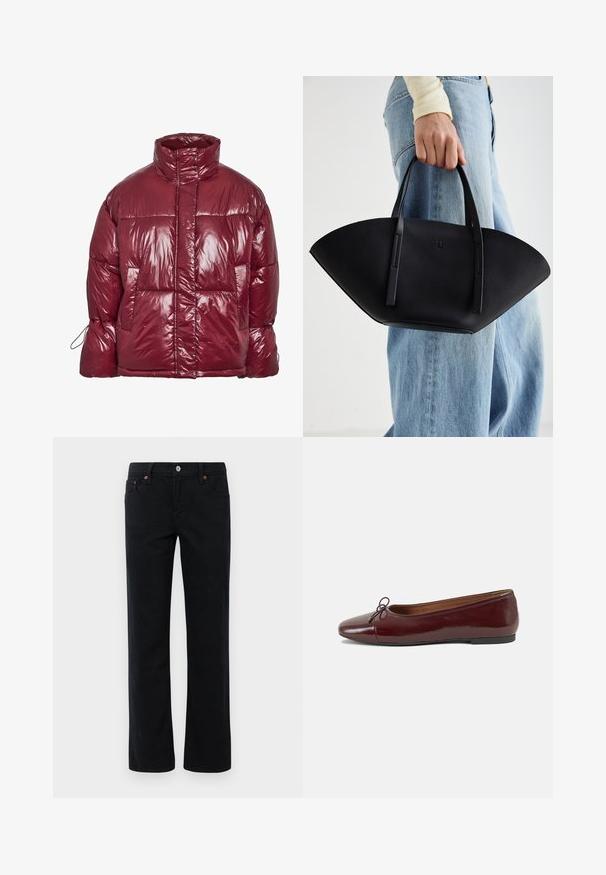 Glanzend donkerrode pufferjas met hoge kraag, voorzakken, lange mouwen en een licht oversized, doorgestikt ontwerp.; Zwart cropped t-shirt met korte mouwen met rode, druipende tekst "SPOOKY GIRL" over de borst.; Rechthoekige zwarte jeans met voor- en achterzakken, riemlussen, knoopsluiting en koperen klinknagel details.; Bordeaux gepatenteerd lederen ballerina met een ronde neus, een klein strikaccent aan de voorkant en een lage, zwarte rubberen zool. Glad textuur.; Zwarte leren handtas met een unieke waaier vorm, voorzien van platte handvatten. Het oppervlak heeft een gewelfde textuur en een minimalistisch ontwerp.