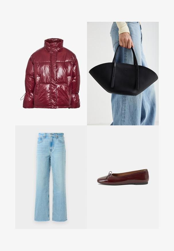 Chaqueta acolchada brillante de color rojo oscuro con cuello alto, bolsillos frontales, mangas largas y un diseño ligeramente sobredimensionado y acolchado.; Camiseta corta de manga corta negra con texto rojo goteante que dice "SPOOKY GIRL" en el pecho.; Jeans de denim azul claro con un diseño de pierna recta, que presentan una cintura alta, costuras en contraste y una ligera textura desteñida.; Bailarina de charol burdeos con punta redonda, pequeño lazo en la parte frontal y una suela baja de goma negra. Textura suave.; Bolso de mano de cuero negro con una forma de abanico única, que cuenta con asas planas. La superficie tiene una textura de grano y un diseño minimalista.