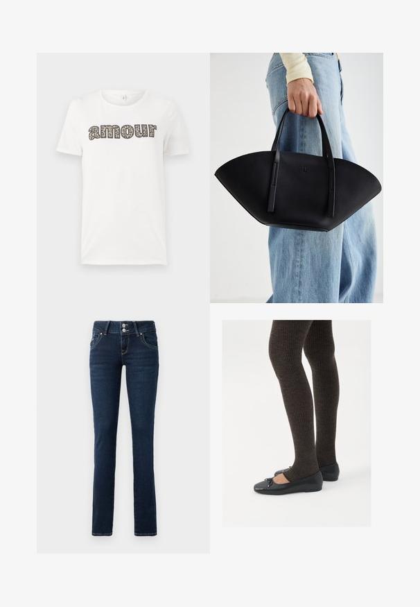 Fényes sötétvörös pufi dzseki magas gallérral, elülső zsebekkel, hosszú ujjakkal és enyhén túlméretezett, steppelt kialakítással.; Fehér pamut póló, melyen "amour" felirat található leopárdmintás dizájnban. Rövid ujjak és kerek nyakkivágás. Könnyű és lezser fazon.; Sötétkék skinny farmernadrág dupla gombos zárással, elülső zsebekkel és sárga varrással fehér háttér előtt.; Fekete lapos cipők kis masni díszítéssel az orrán, sötétbarna bordázott harisnyával párosítva. A cipők sima textúrával és alacsony profilúak.; Fekete bőr kézitáska egyedi legyezőformával, lapos füllel. A felülete kőriszerű textúrájú és minimalista dizájnnal rendelkezik.