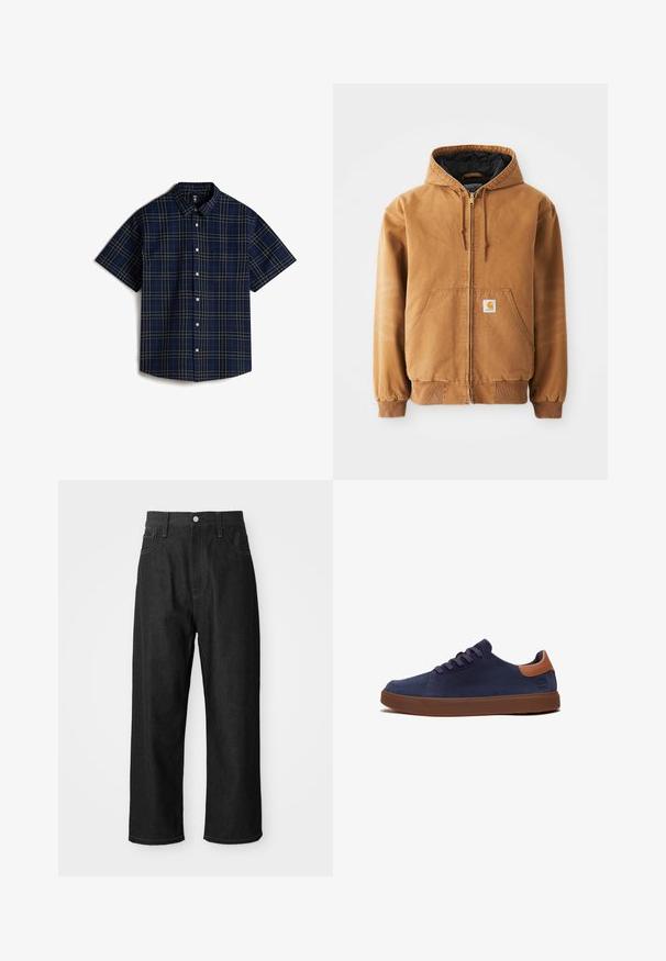 Giacca con zip marrone con cappuccio, tasche frontali, cordini, polsini a coste e una piccola etichetta quadrata sulla tasca sinistra.; Vans LAWSON - Camicia - medium blue; Pantaloni in denim nero con vestibilità rilassata, vita alta, chiusura con cerniera e design a cinque tasche. Cuciture a vista decorate in tutto il capo.; Sneaker in suede blu navy con accenti in pelle marrone sul tallone, punta rotonda e suola in gomma marrone. Presenta lacci e una minima personalizzazione laterale.
