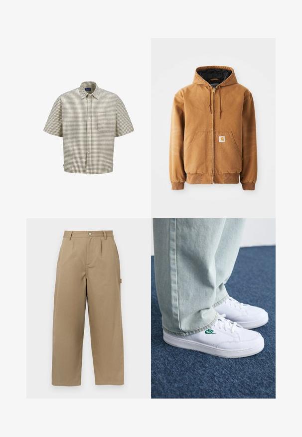 Barna zipzáros kapucnis dzseki elülső zsebekkel, húzózsinórral, bordás mandzsettákkal és egy kis négyzet alakú címkével a bal zseben.; Rövid ujjú kockás ing bézs és barna színben, gombos gallérral, foltzott zsebből és laza szabású rácsos mintával.; Bézs színű, bő szabású nadrág pamutkeverékből, magas derékkal, elöl pliszírozással és két oldalsó zsebbel, amelyek gombbal záródnak.; Fehér bőr sportcipők zöld Nike logóval, kerek orral, lapos talppal, világoskék farmernadrággal párosítva, kék szőnyegen bemutatva.