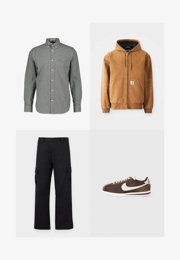 Brown zip-up hooded jacket with front pockets, drawstrings, ribbed cuffs, and a small square label on the left pocket.; Black and white checkered button-up shirt with a collar, long sleeves, and a chest pocket. Made of woven fabric, features a curved hem.; Black cargo pants with a straight leg design. Made from durable fabric, featuring two side pockets with flap closures and a button fly.; Brown sneaker featuring a mix of suede and canvas materials, with a white Nike swoosh logo and a textured rubber outsole.