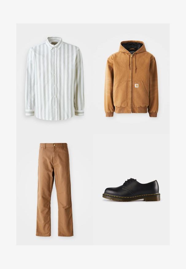 Ruda užtrauktuku užsegama gobtuvinė striukė su priekinėmis kišenėmis, dažniais, gumbuotu rankovėmis ir mažuoju keturkampiu ženkleliu kairėje kišenėje.; Dryžuota marškinėlių palaidinė balta ir šviesiai pilka, pagaminta iš audinio. Savybės: apykaklė ir mygtukinės rankovės su kontrastiniu dryžių akcentu.; Rudos tiesaus kirpimo kelnes su diržo kilpomis, priekinėmis kišenėmis, mygtuko užsegimu ir užtrauktuku ant balto fono.; Juodos odinės batai su apvaliu pirštu, su raišteliais, geltonu siūliniu aplink padą ir masyviu, tekstūruotu guminiu padu.