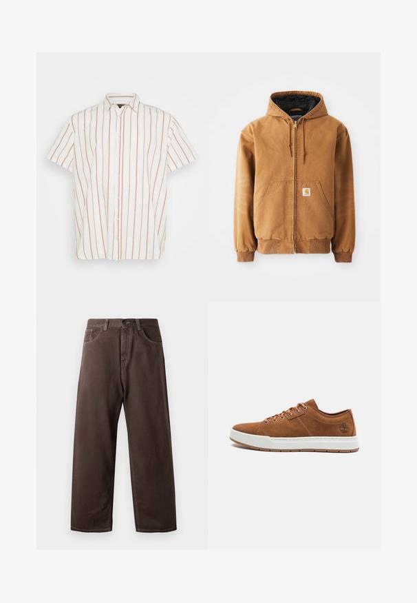 Giacca con zip marrone con cappuccio, tasche frontali, cordini, polsini a coste e una piccola etichetta quadrata sulla tasca sinistra.; Camicia a maniche corte con bottoni in tessuto bianco con sottili strisce rosse verticali. Colletto classico e design con orlo dritto.; Pantaloni larghi marroni in cotone, con un classico design a cinque tasche, chiusura con zip e dettagli di cucitura visibili.; Sneakers in suede marrone con suola in gomma bianca, punta rotonda, sei occhielli in metallo e dettaglio del logo in rilievo sul lato. Design classico con lacci.