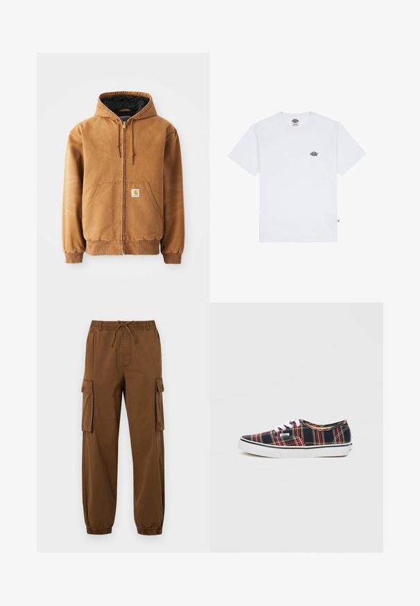 Pruun tõmblukuga kapuutsiga jope esi taskutega, nöörid, ribakudumi mansetid ja väike ruudukujuline silt vasakus taskus.; Valge puuvillane t-särk lühikeste varrukatega, millel on rinna peal väike must logo ja sildi taga vasakus nurgas.; Pruunid cargo püksid, mis on valmistatud kergest kangast, elastse vöökoha ja nööriga, külgtaskud ning kitsenevad sääred.; Mustade ja punaste ruudulise mustriga lõuendist tossud valgete paelte ja kummist tallaga, millel on madala profiiliga disain ja kontrastsed äärised.