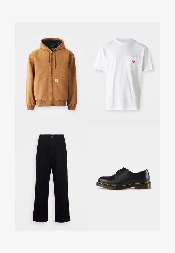 Chaqueta con capucha de color marrón, con cremallera, bolsillos frontales, cordones, puños acanalados y una pequeña etiqueta cuadrada en el bolsillo izquierdo.; Camiseta de algodón blanca con escote redondo y mangas cortas. Presenta un pequeño logo de corazón rojo en el bolsillo izquierdo del pecho.; Pantalones negros de tela pesada, con un diseño de pierna recta, bolsillos frontales, cierre de cremallera y un solo botón metálico.; Zapato de cuero negro con punta redondeada, diseño de cordones, costuras amarillas a lo largo de la suela y suela de goma gruesa y texturizada.