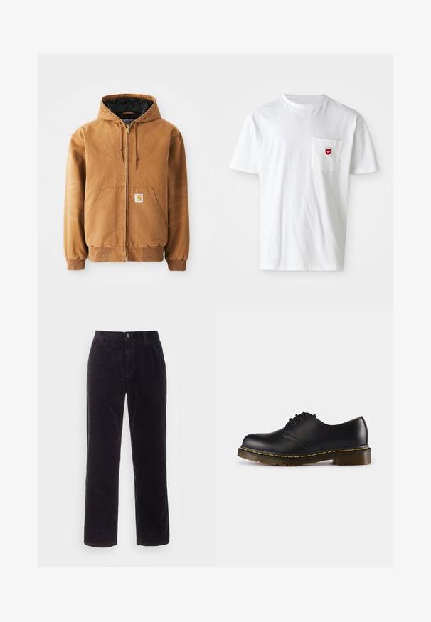 Veste à capuche zippée marron avec poches avant, cordons de serrage, poignets côtelés et une petite étiquette carrée sur la poche gauche.; T-shirt en coton blanc avec un col rond et des manches courtes. Présente un petit logo en forme de cœur rouge sur la poche gauche de la poitrine.; Carhartt WIP SINGLE KNEE PANT - Pantalon classique - dark navy rinsed; Chaussure en cuir noir avec un bout arrondi, design à lacets, couture jaune le long de la semelle et une semelle en caoutchouc texturée et épaisse.