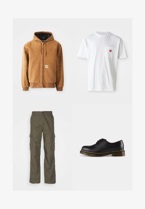 Giacca con zip marrone con cappuccio, tasche frontali, cordini, polsini a coste e una piccola etichetta quadrata sulla tasca sinistra.; T-shirt bianco in cotone con scollatura rotonda e maniche corte. Presenta un piccolo logo a forma di cuore rosso sul taschino sinistro.; Pantaloni cargo oliva con taglio dritto, realizzati in tessuto testurizzato. Presentano ampie tasche laterali e chiusura con bottone.; Scarpa in pelle nera con punta arrotondata, design con lacci, cuciture gialle lungo la suola e suola in gomma spessa e testurizzata.