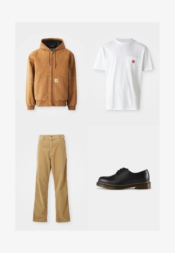 Bruine rits-hoodie met voorzakken, trekkoorden, geribbelde manchetten en een klein vierkant label op de linkerzak.; Witte katoenen T-shirt met een ronde hals en korte mouwen. Bevat een klein rood hartlogo op de linkerkant van de borstzak.; Tan corduroy broeken met voorkruiden, riemlussen, knoopsluiting en rechte pijpen, plat gelegd op een witte achtergrond.; Zwarte leren schoen met een ronde neus, vetersluiting, gele stiksels langs de zool en een stevige, geprofileerde rubberen buitenzool.