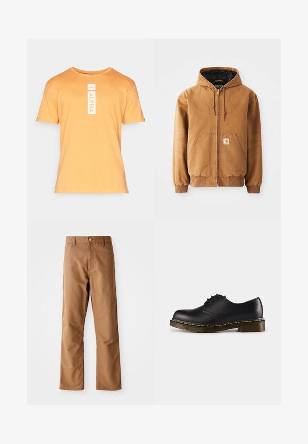 Brun lynlås hættetrøje med frontlommer, snoretræk, ribbede manchetter og et lille firkantet mærke på venstre lomme.; Kortærmet, orange t-shirt lavet af bomuld med en rund halsudskæring. Har et vertikalt hvidt "ALPHA" grafisk tryk på fronten.; Brune lige ben bukser med bæltestropper, forlommer, knaplukning og lynlåsgylp på hvid baggrund.; Sort lædersko med rund tå, snørebåndsdesign, gul syning langs sålen og en kraftig, tekstureret gummisål.