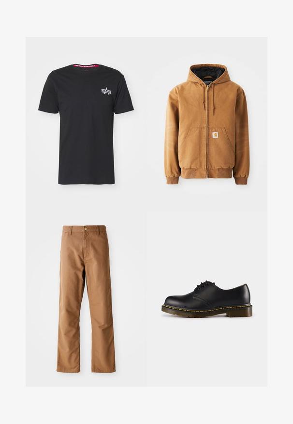 Rjava zip-up jakna s kapuco, sprednjimi žepe, vrvicami, rebrastimi manšetami in majhno kvadratno oznako na levem žepu.; Črna bombažna majica s kratkimi rokavi. Ima majhen bel logotip na levem prsnem delu in kontrastno rdeče notranje ovratnik.; Rjave hlače ravnega kroja z zankami za pas, sprednjimi žepi, zapiranjem na gumb in zadrgo na belem ozadju.; Črn usnjen čevelj z zaobljenim nosom, zavezovanje z vezalkami, rumena šivanka ob podplatu in masiven, teksturiran gumijast podplat.