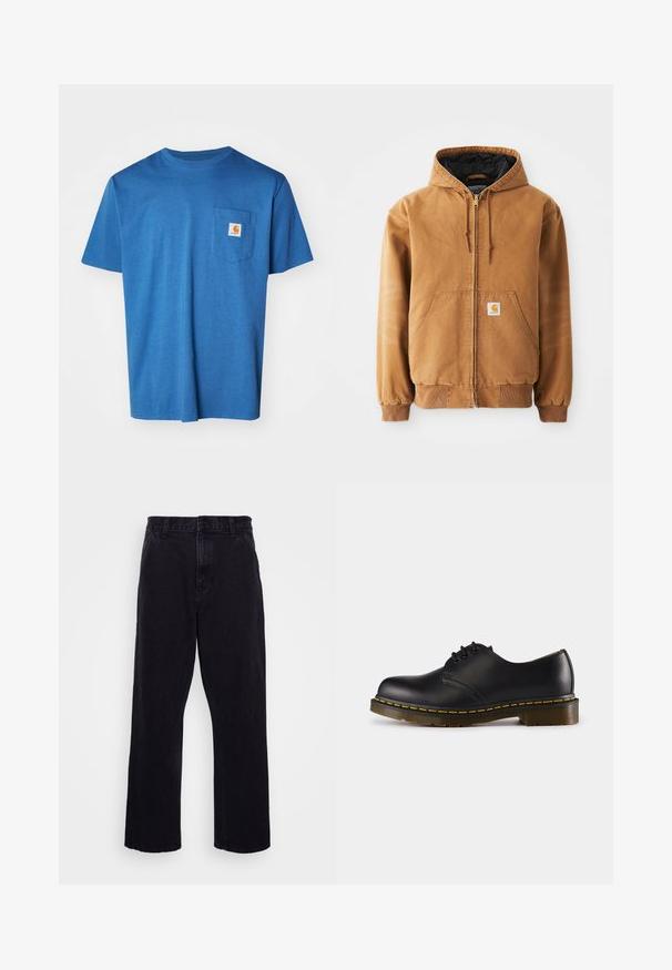 Hnědá zipová kapuce s předními kapsami, šňůrkami na stažení, ribovanými manžetami a malou čtvercovou nálepkou na levé kapse.; Modrá bavlněná tričko s kulatým výstřihem, krátkým rukávem a kapsou na levé straně hrudi s logem. Hladká textura, ležérní design.; Černé denimové kalhoty s rovnými nohavicemi, které mají zapínání na knoflík a zip, poutka na pásek a minimální detaily šití.; Černá kožená bota s kulatou špičkou, šněrovacím designem, žlutým prošíváním podél podrážky a chunky, texturovanou gumovou podrážkou.
