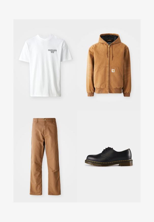 Brun lynlås hættetrøje med frontlommer, snoretræk, ribbede manchetter og et lille firkantet mærke på venstre lomme.; Hvid bomulds T-shirt med rund halsudskæring. Har et lille blåt tekstlogo "CARHARTT WIP" på venstre bryst. Klassisk pasform, korte ærmer.; Brune lige ben bukser med bæltestropper, forlommer, knaplukning og lynlåsgylp på hvid baggrund.; Sort lædersko med rund tå, snørebåndsdesign, gul syning langs sålen og en kraftig, tekstureret gummisål.