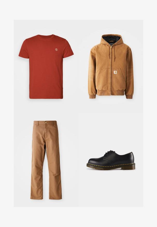 Brown zip-up hooded jacket with front pockets, drawstrings, ribbed cuffs, and a small square label on the left pocket.; Red cotton t-shirt with short sleeves and a crew neck, featuring a small embroidered logo on the left chest. Smooth texture, classic fit.; Brown straight-leg pants with belt loops, front pockets, button closure, and zipper fly on a white background.; Black leather shoe with rounded toe, lace-up design, yellow stitching along the sole, and a chunky, textured rubber outsole.